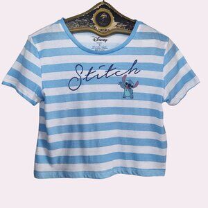Disney Stitch Embroidered Spell Out Blue White Stripe Crop Top T Shirt Sz S NWT
